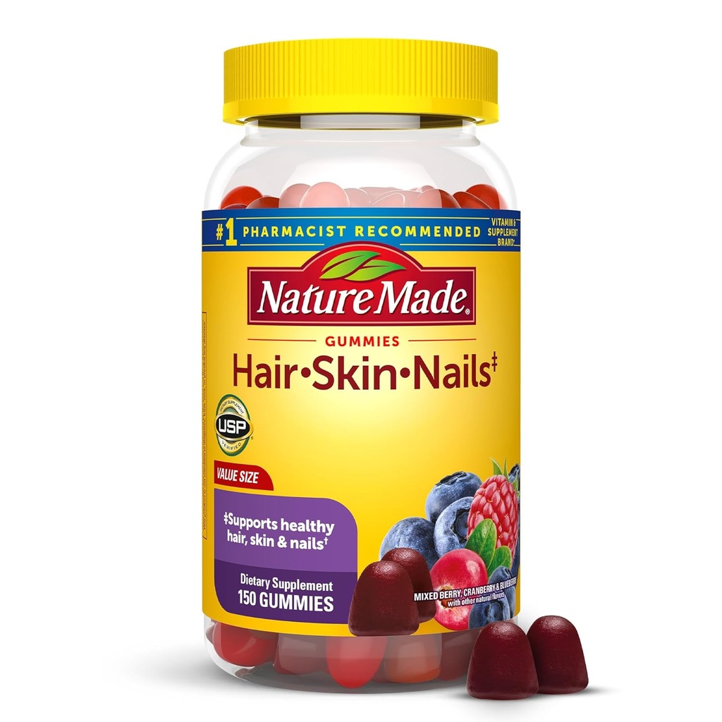 Naturlaget hårhud og negler med Biotin 2500 mcg, kosttilskudd for sunn hår, hud og negler støtte, 150 gummier, 75 dagers forsyning
