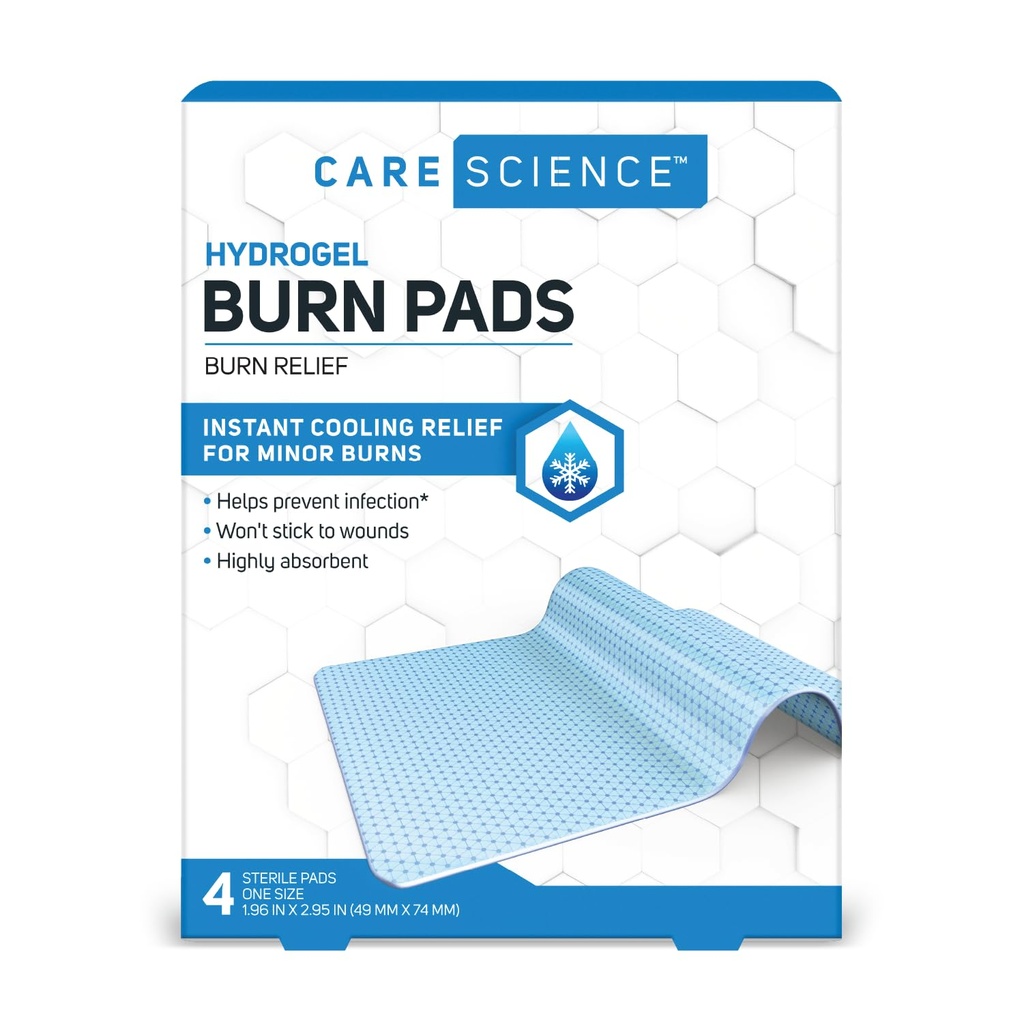 Care Science Hydrogel Sterile Burn Dressing Bandage Pads for Burn Relief, 4 ct | Øyeblikk for mindre Burns & Sår