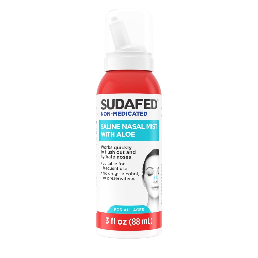 Sudafed ikke-medisinert saltvannssekk med aloe, Sinus saltvannsssprut for alle aldre raskt flushes & moisturizes Nasal Passages, bruk nasal miste så ofte som nødvendig, narkotikafri, 3 fl. oz