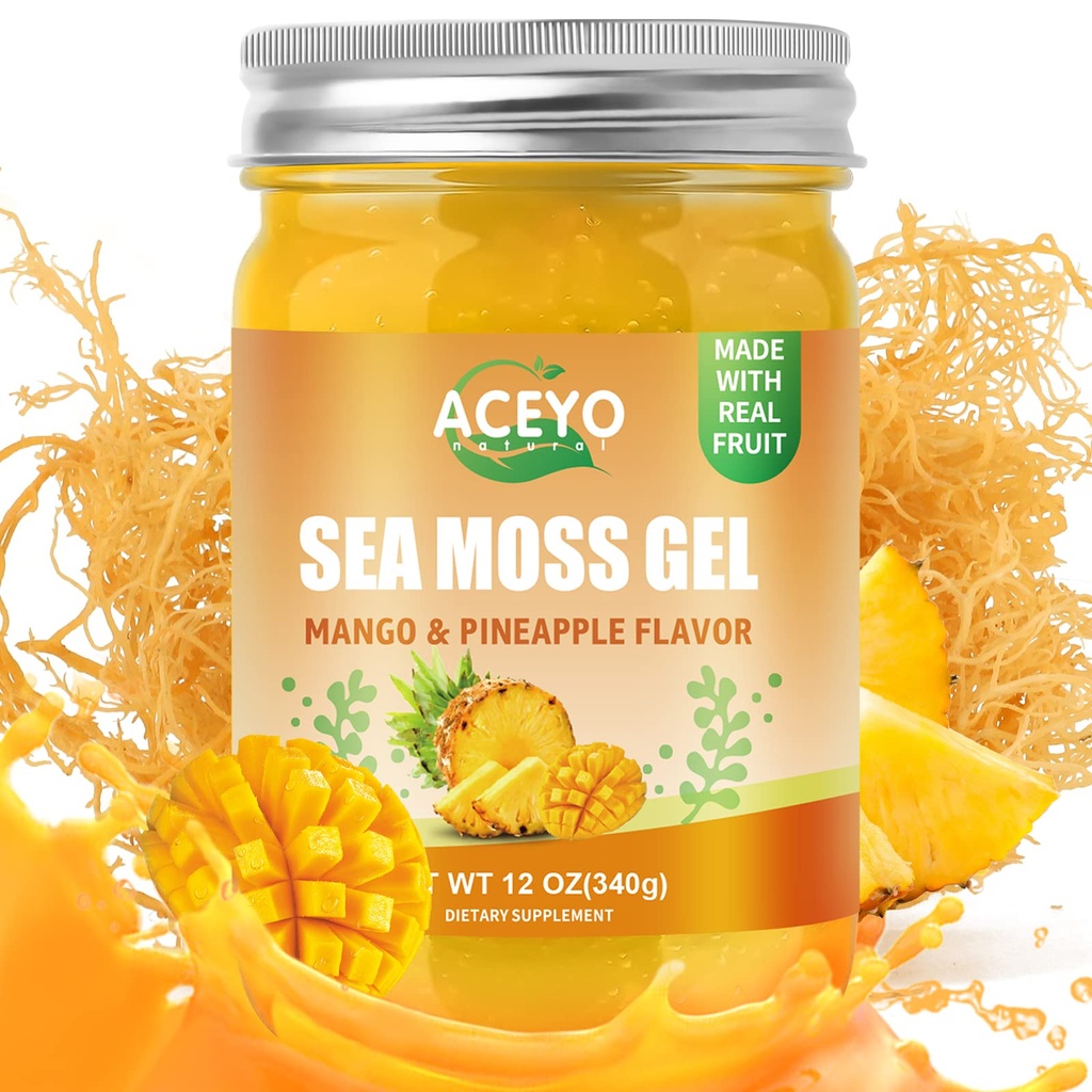 ACEYO (12 OZ) Irsk hav Moss Gel Raw Vegan Mango Pineapple Flavor 102 vitaminer og mineraler Wild Harvested Ikke-GMO Immun Defense Booster Thyroid Digestiv støtte