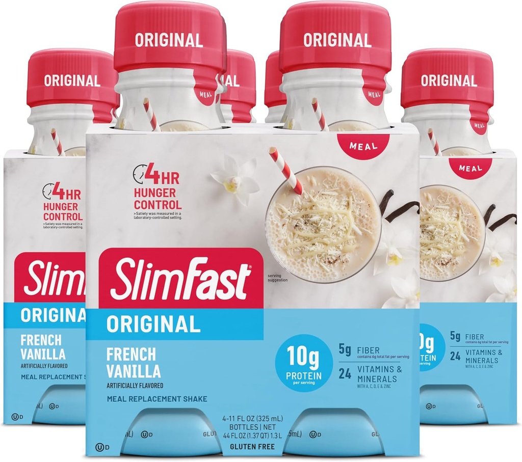 SlimFast Meal Replacement Shake, Original Fransk Vanilla, 10g Ready to Drink Protein, 11 Fl. Oz Flaske, 4 Count (Pack of 3) (Packing May Vary)