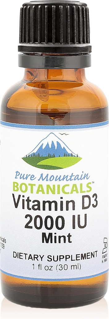 Pure Mountain Botanicals Flavored vitamin D-dråper - Mint Flavored flytende vitamin D3-2000iu per servering - 1oz flaske