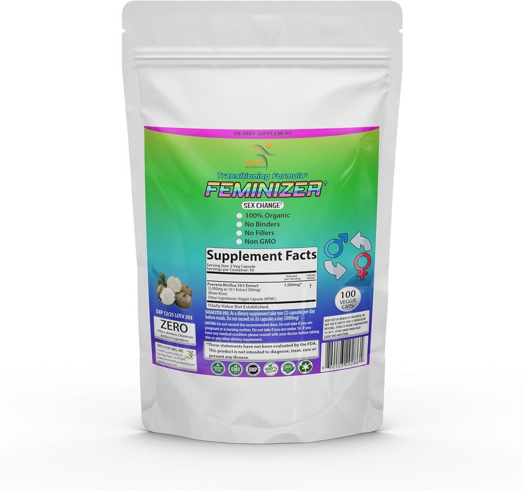 Feminizer Sex Endre piller av SMS, 100 Veggie Caps Pueraria Mirifica For Estrogen 1000mg Pure 10:1 Root Extract pulver - Kwao Krua Kao - Premium Grade, Økologisk for kvinner, Transgender, Ladyboy, LGBT