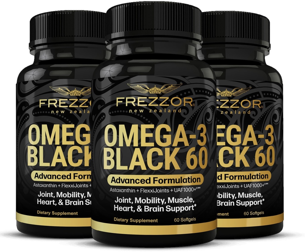 FREZZOR Omega 3 Svart for felles omsorg & komfort - New Zealand Grønn Lipped Mussel oljekapsler; 53x høyere styrke med UAF1000+ Super Antioksidant, Ingen fiskelig ettersmak, 60 greve (Pack of 3)