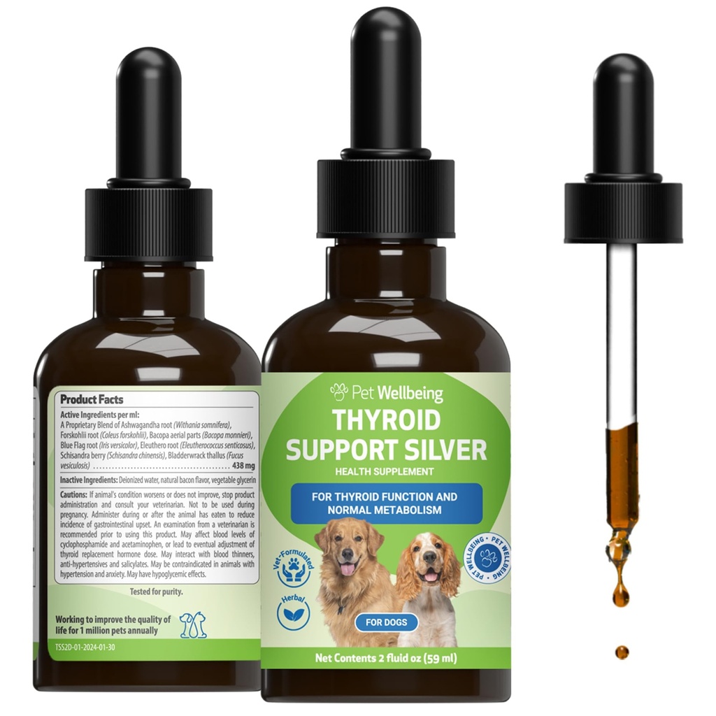 Dyrevern Thyroid støtte sølv for hunder - støtter balansert tyroid funksjon, sunn metabolisme, normal energi, Ashwagandha, Bacopa - Veterinærformulert Herbal Supplement 2 oz (59 ml)