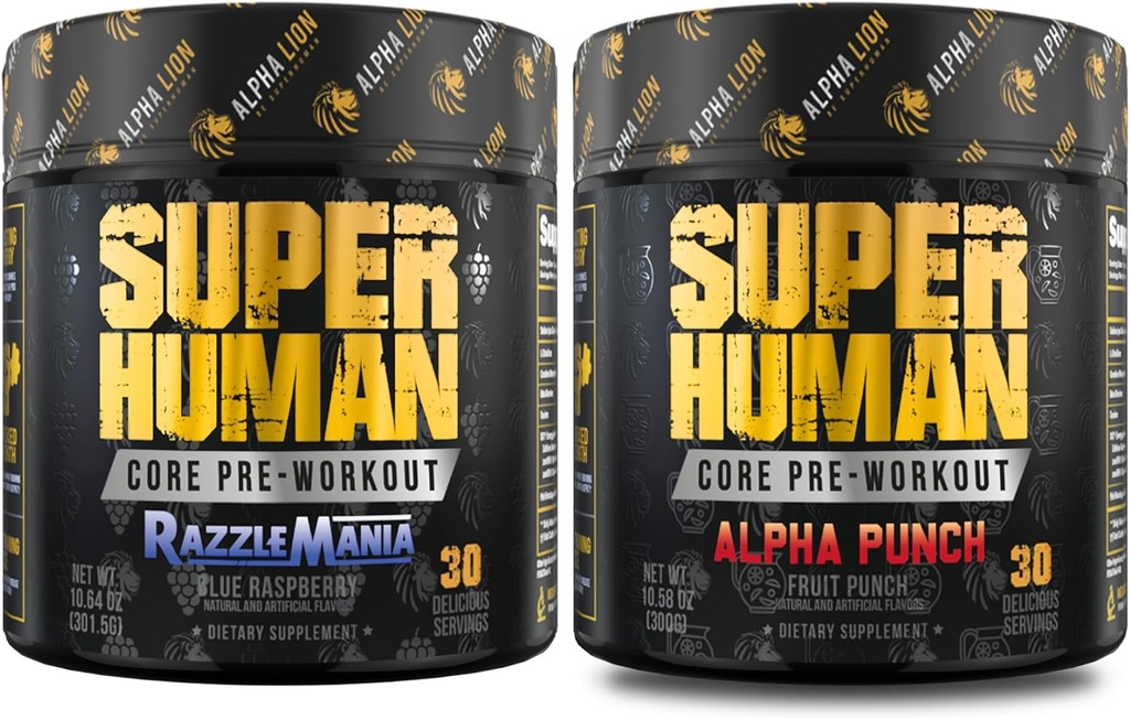 ALPHA LION kjerne pre trening pulver bunke for pumpe og tri-kilde kaffe for frigjørende energi, frukt punch og blå bringebær flavor (30 serverer hver)