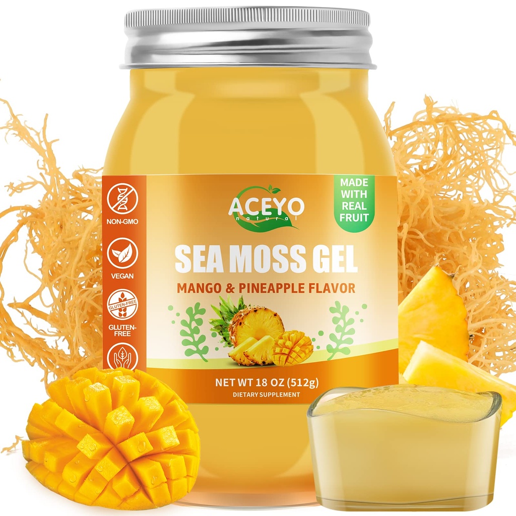 ACEYO (18 OZ) Irsk sjø Moss Gel Raw Vegan Mango Pineapple Flavor 102 vitaminer og mineraler Wild Harvested Non-GMO