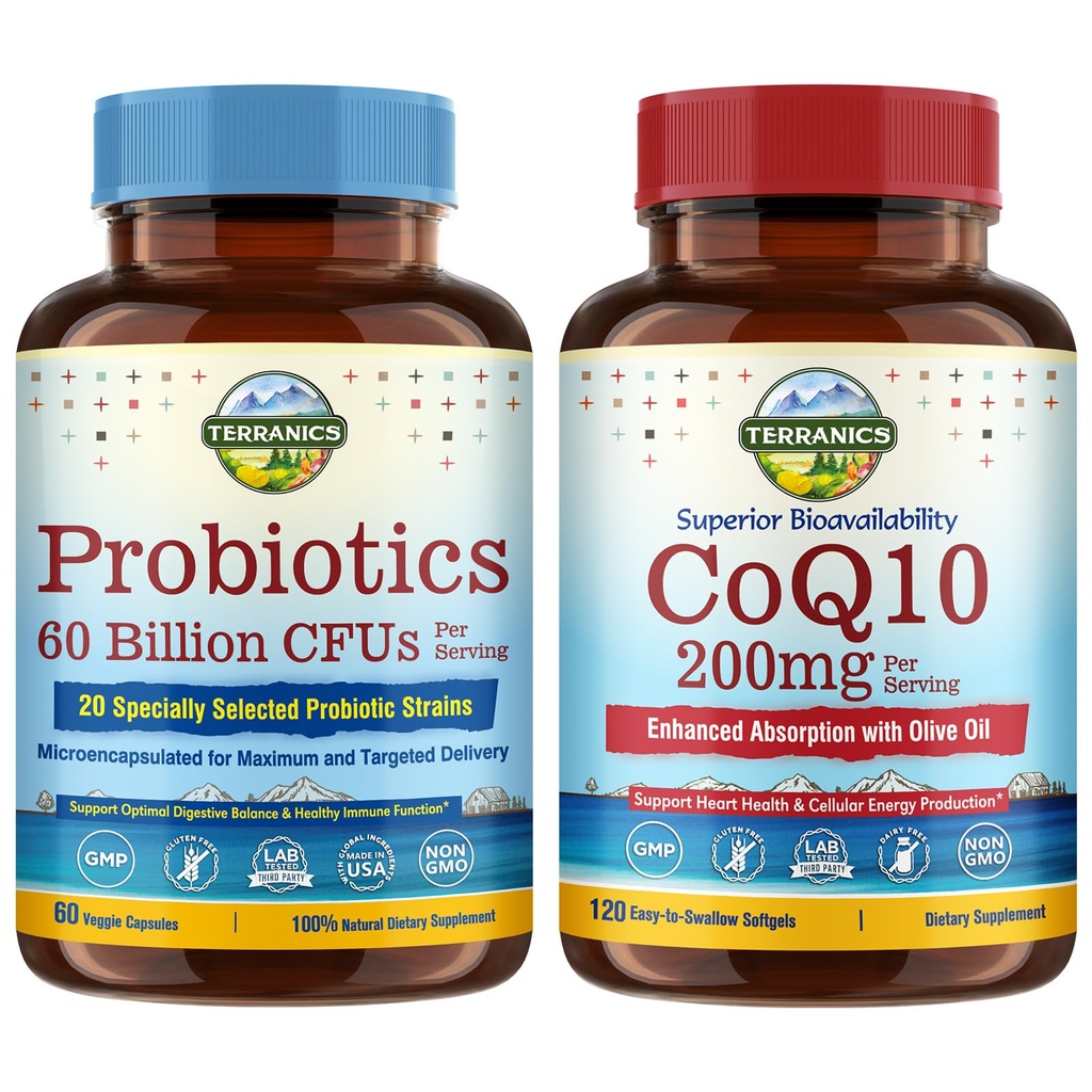 Terranikk Probiotika og CoQ10 Bundle, Hjerte & Digestion Helse, 60 milliarder Probiotika, Bioactive Coenzym Q10 200mg, Extra Jomfru Olive Olje, Bundle & Lagre