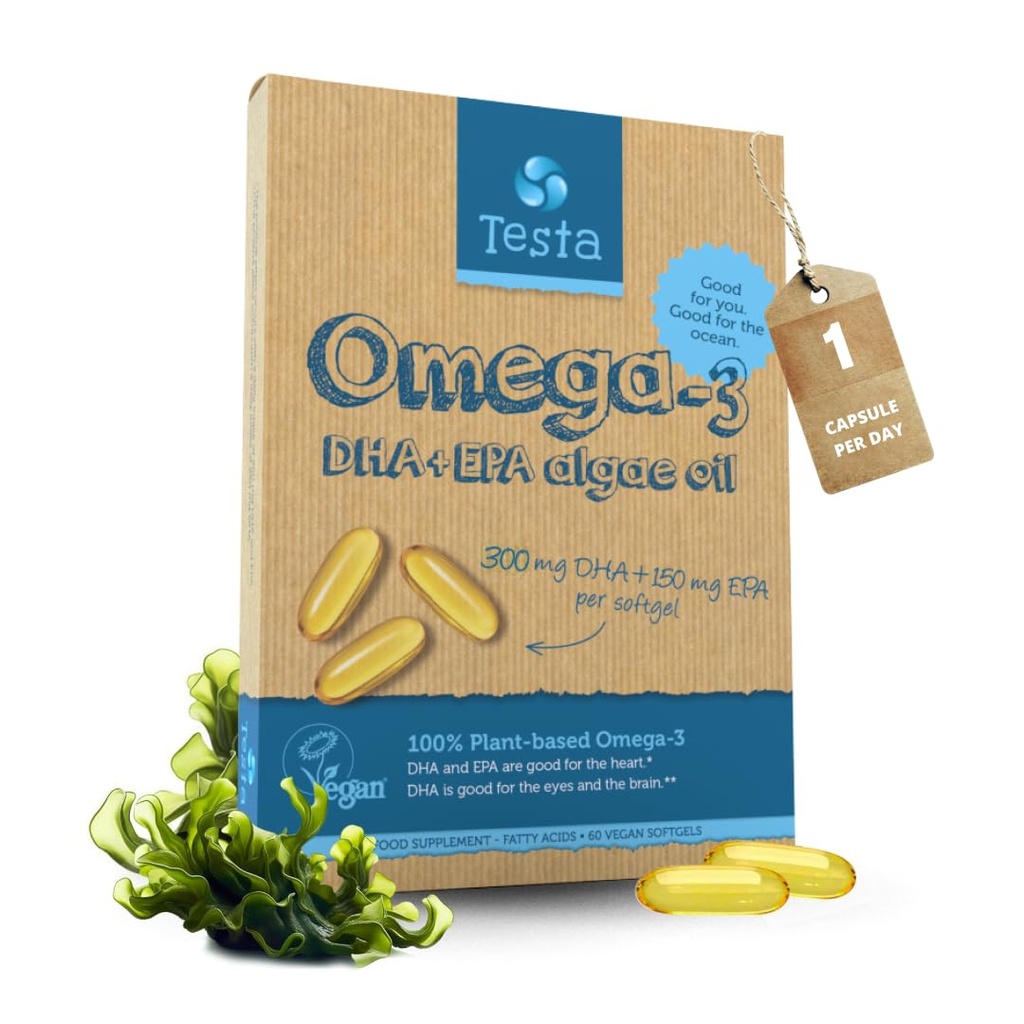 Testa Omega-3 Supplement - Vegansk Basert Omega 3 DHA EPA kapsler fra Algae - Omega 3 Fettsyrer - støtter hjerte, hjerne og felles helse - plast negativ, RTG og Kosher - To måneders forsyning