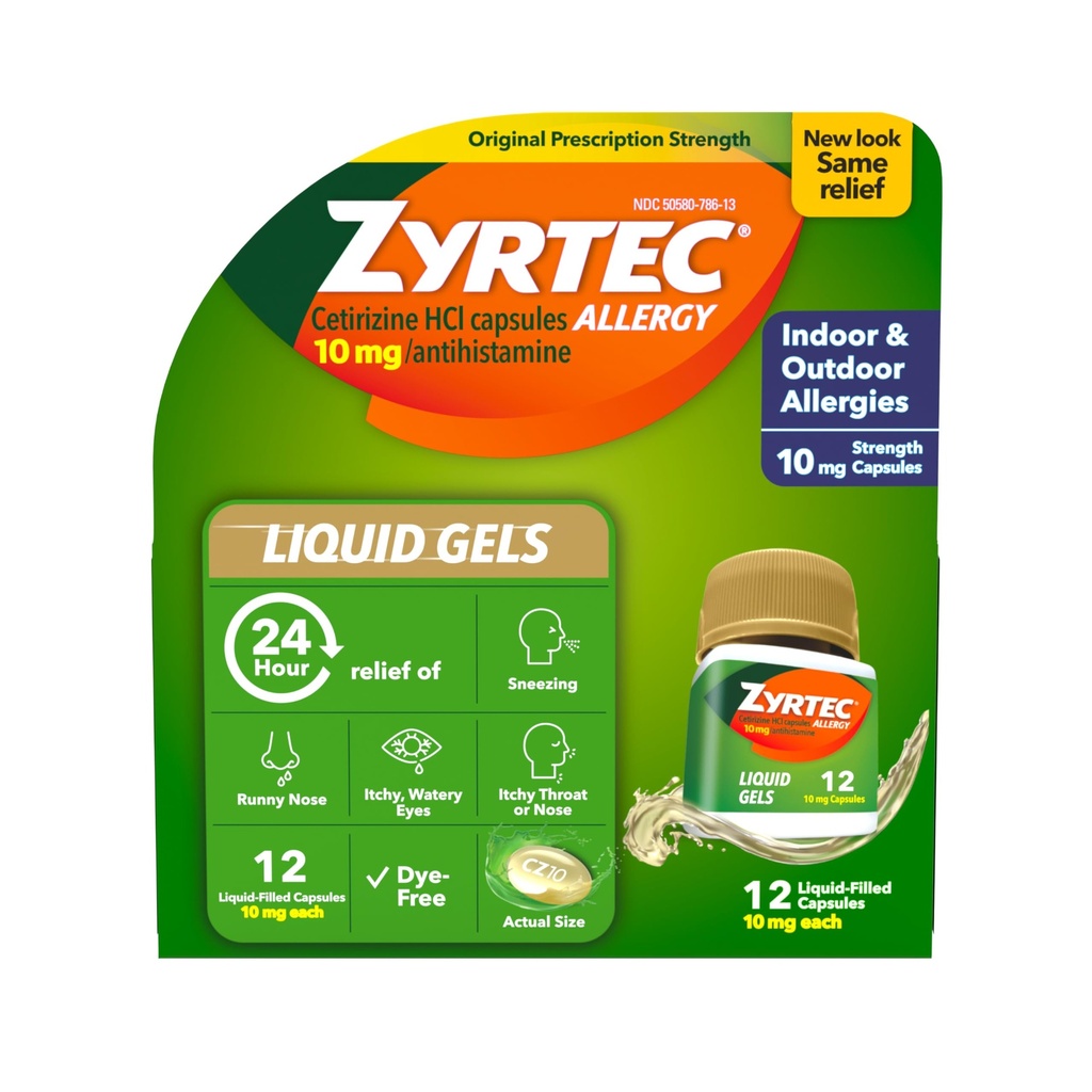 Zyrtec 24 timers allergi relief flytende geler, antihistaminer kapsler med cetirizin HCl Allergy medisin for hele dagen relief fra Runny Nese, Sneezing, kløende øyne og mer, 12 greve