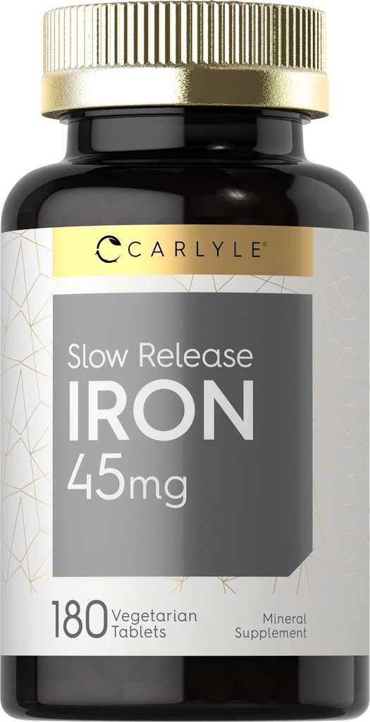 Carlyle langsom release jern 45 mg | 180 tabletter | Ferrous Sulfate Mineral Supplement | for menn og kvinner | Vegetarisk, ikke-GMO, og Glutenfri formel