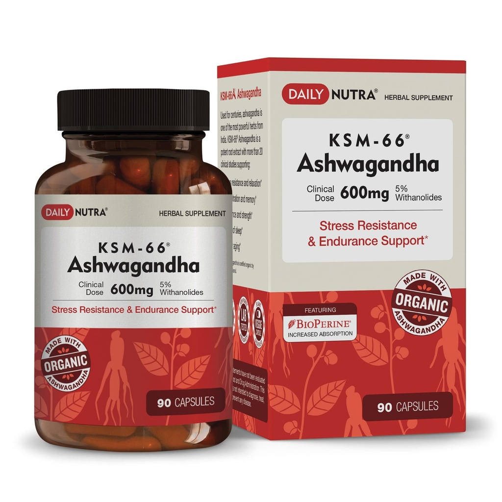 DailyNutra KSM-66 Ashwagandha 600 mg organisk rotekstrakt - høy potens Supplement med 5% withanolides | lindrer trøtthet, støtter avslapning, fokus, energi og muskelvekst (90 kapsler)