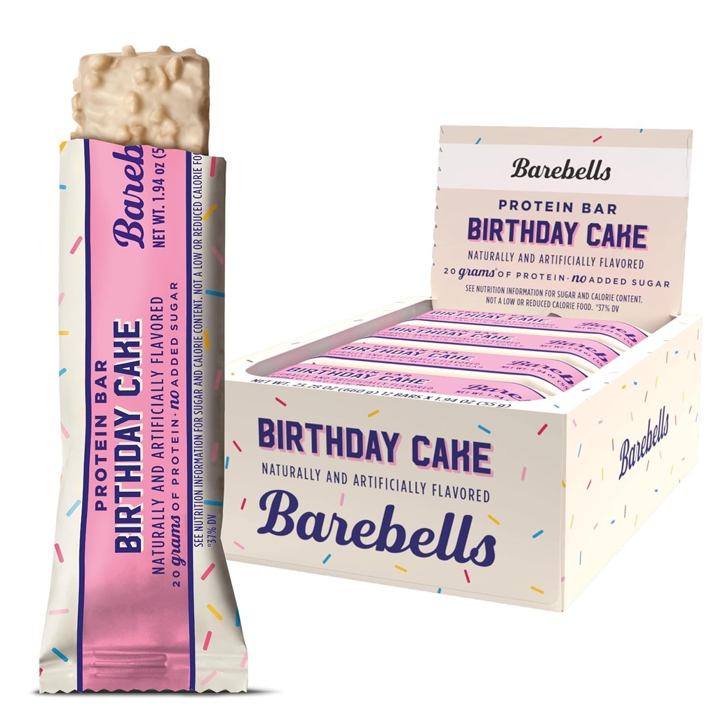Barebells Protein Bars Bursdag Cake - 12 greve, 20g høyproteinbehandling - Sjokolade ernæringsbar med 1g Total Sukker - On-The-Go Frokost eller post-Workout Snack
