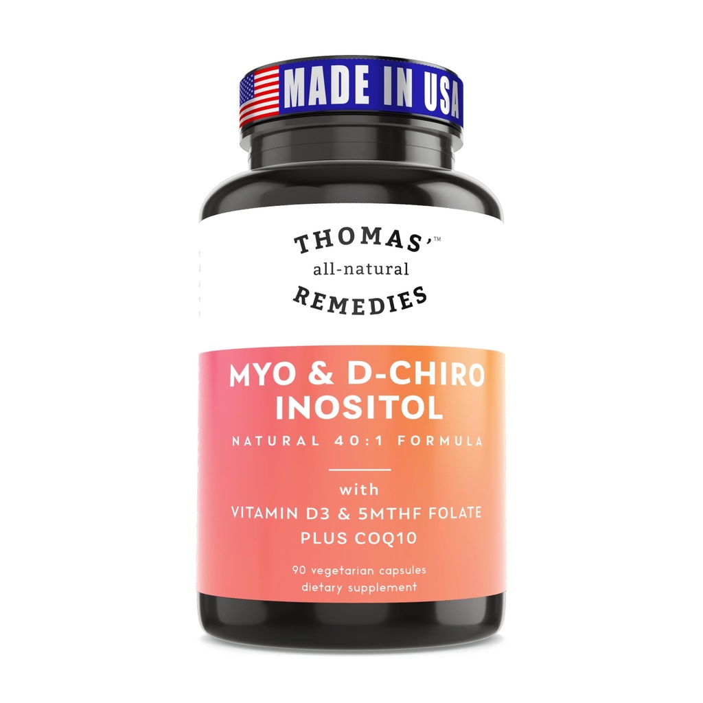 Thomas' naturlige remedier Myo Inositol Supplement & D-Chiro Inositol Blande Supplement med Folat og vitamin D3, 40 til 1 Forhold, Ikke-GMO, Ingen Fyllere, CoQ10, 90 Vegan Kapsler