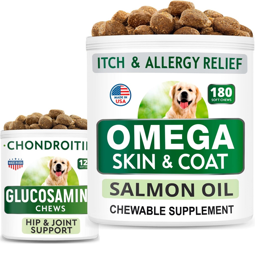 BARK & SPARK Glucosamine Hunde behandler + Omega 3 for hunder Bundle - Hip støtte og ledd smerterelief Supplement + Fiskeolje Chews for shedding, hudallergi, kløe relief, hud og Coat Supplement