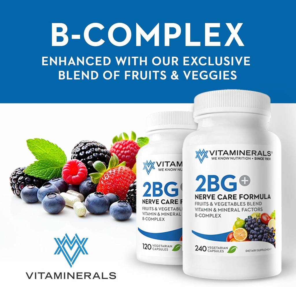Vitamineraler 2BG+TM B kompleks immunstøtte høy potens B-kompleks | Frukter og grønnsaker blanding | 120 Veggie caps
