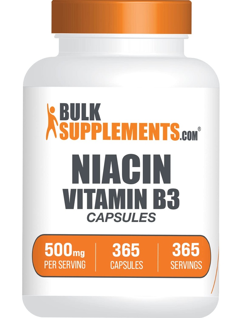 BulkSupplements.com Niacin Kapsler - Niacin Supplement, Vitamin B3 - Glutenfri, 1 Kapsel per servering, 365 Kapsler (Pack of 1)