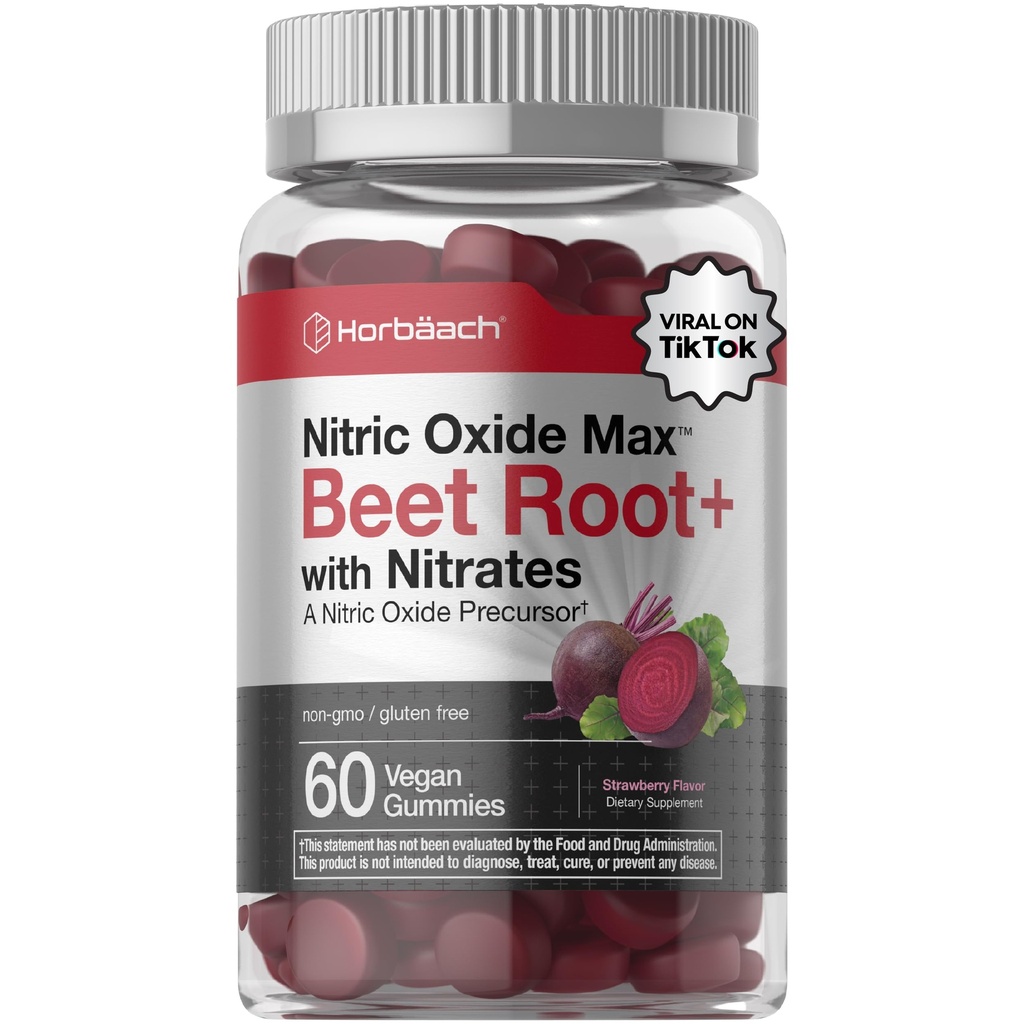 Horbäach Nitric Oxid Beet Root Gummies | 60 greve | med nitrates | Strawberry Flavor | Vegansk, ikke-GMO, Glutenfri Supplement