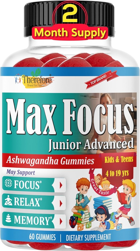 Maks fokus junior – Barn Fokus & rolige gummier | beroligende og oppmerksomhet støtte Supplement for barn og tenåringer med Ashwagandha | Brain Vitaminer | Vegansk, ikke-GMO, 60 Gummies