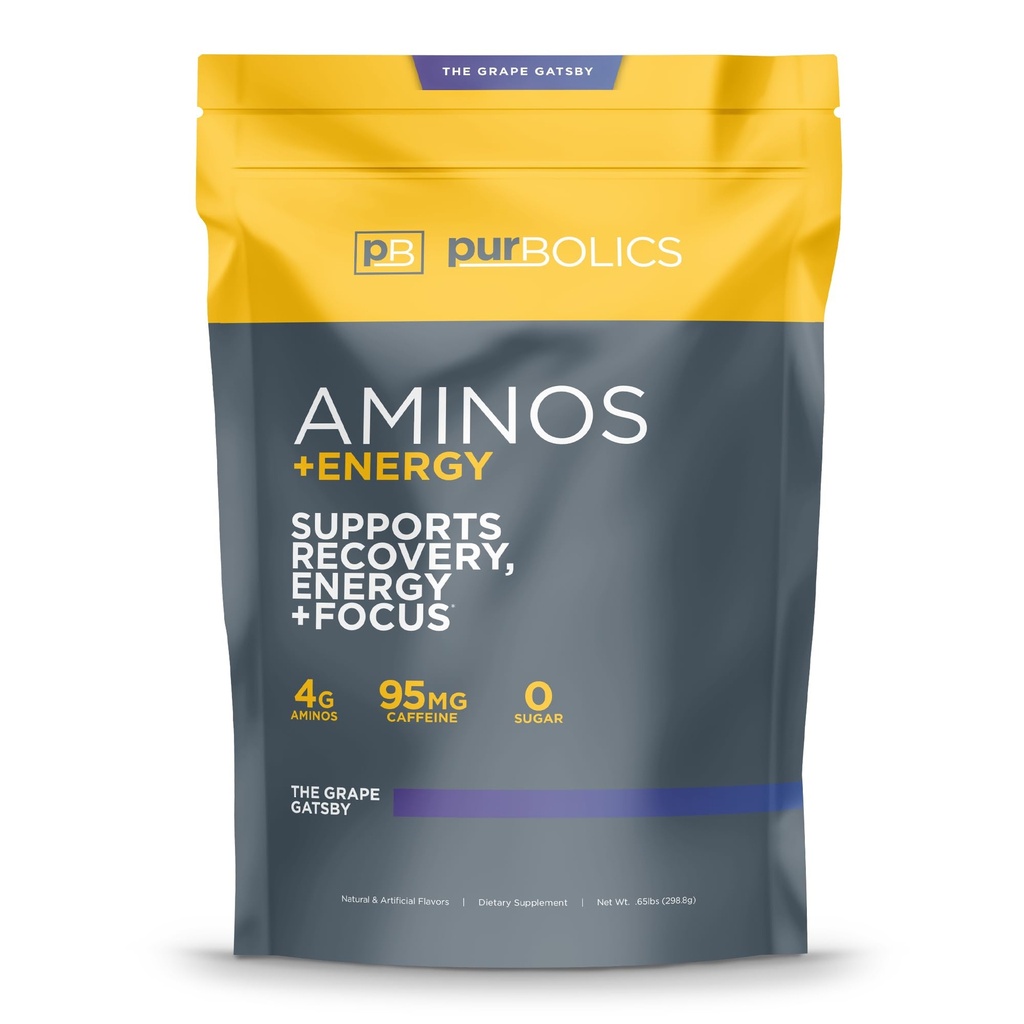 Purbolics Aminos + Energi | Støtter gjenoppretting, energi & fokus | 95 mg koffein, 0 sukker og 60 serveringer (Grape Gatsby)