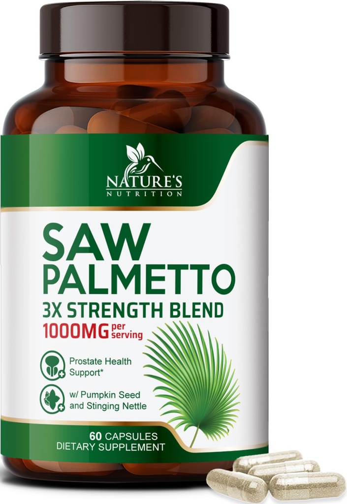 Saw Palmetto for menn 1000MG - 3X Styrke Prostata Helse Supplement - Herbal Ekstrakt Supplement - Prostata Supplement for menns helse støtte, Prostata Urinal og hår helse støtte - 60 Kapsler