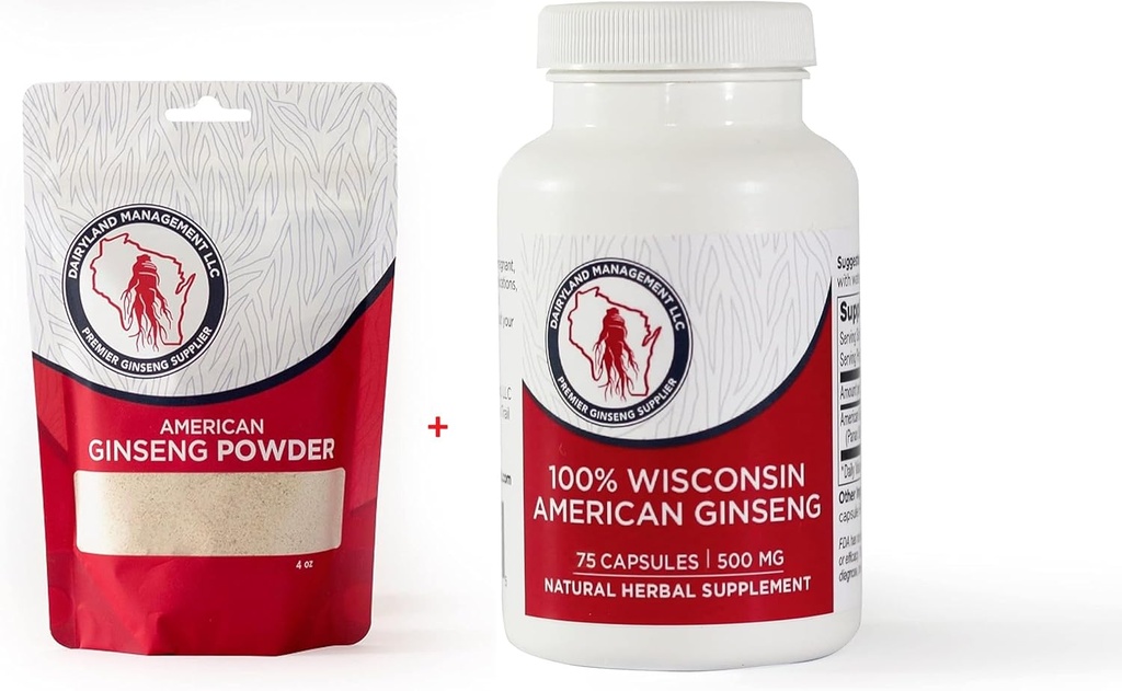 Dairyland American Ginseng pulver 4 oz og kapsler 75 ct pakke Wisconsin Ginseng – Direkte fra bonde til forbruker