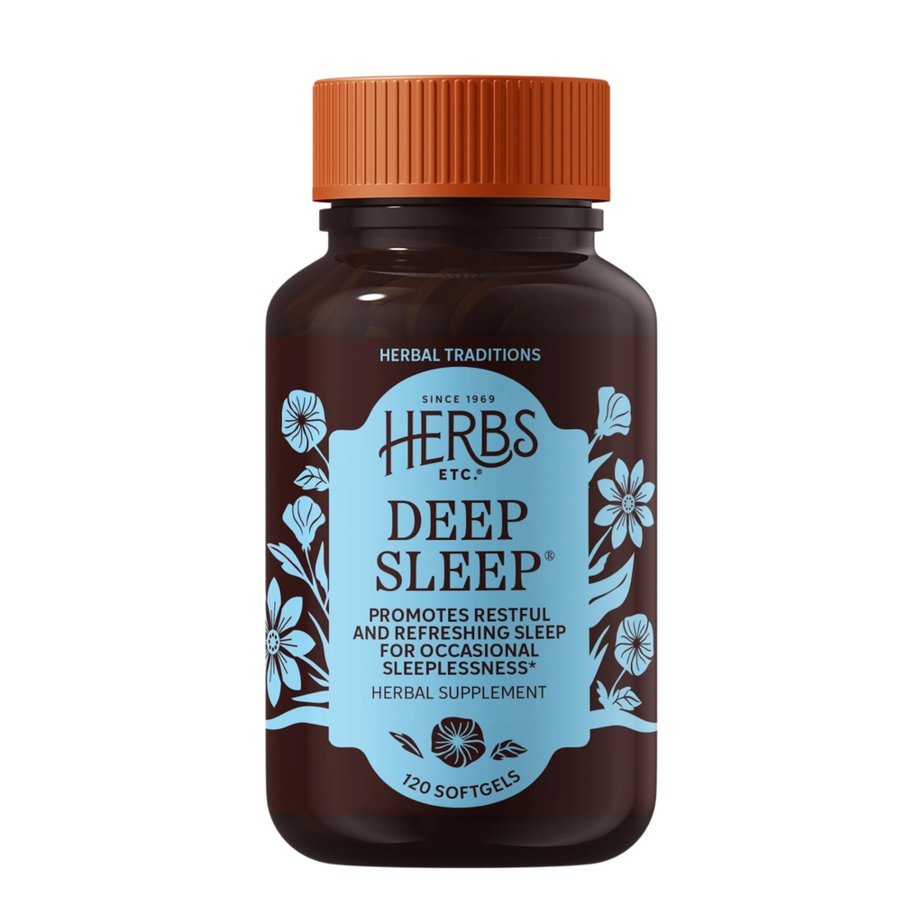 Herbs Etc. Deep Sleep Softgels - Herbal Sleep Support Supplement - Rest & Calming Support with Passionflower, Kamille & Lemon Balm - 120 Softgels (120 Serveringer)
