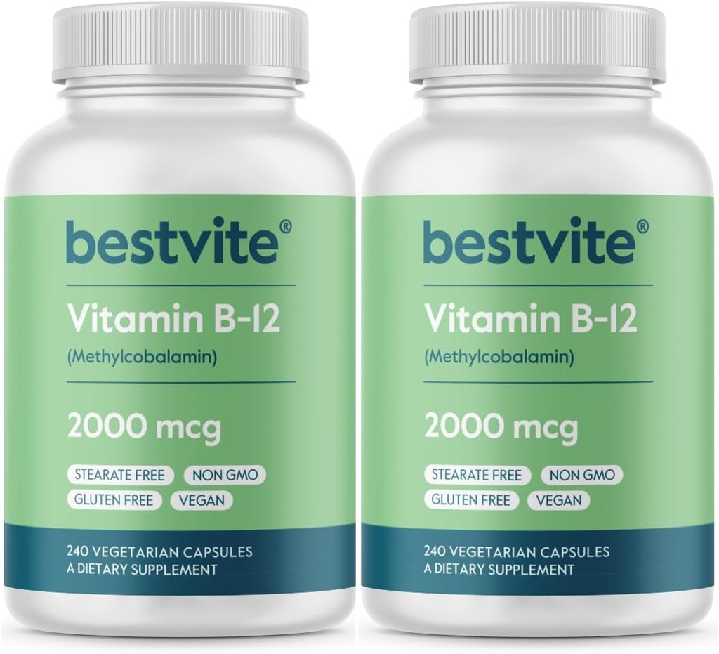BESTVITE Vitamin B12 (Metylkobalamin) 2000mcg (480 Vegetariske kapsler(2 x 240) (Metyl B12) - Ingen stearates - Vegan - Ikke GMO - Glutenfri