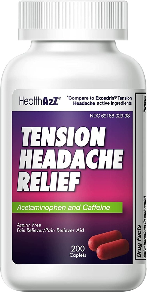 HealthA2Z® Tension Hodepine Relief | Acetaminophen 500 mg | Koffein 65 mg | Smerte Reliever Aid | Aspirin Free (200 kapler (pakke med 1))