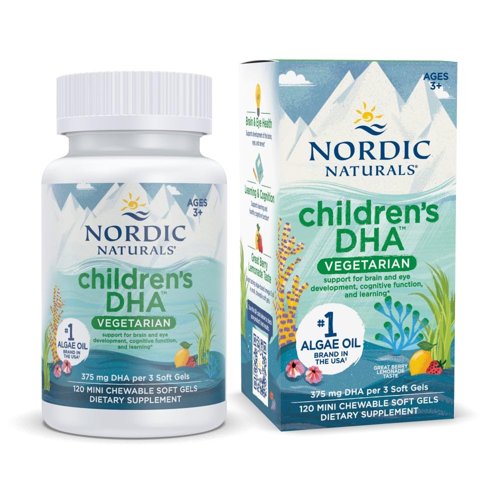 Nordic Naturals Children's DHA Vegetarian - Kids DHA Omega-3 Supplement -Algae Olje - Berry Lemonade Mini Chewables - Plantebasert formel for alder 3 + - 120 Soft Gels - 40 Serveringer