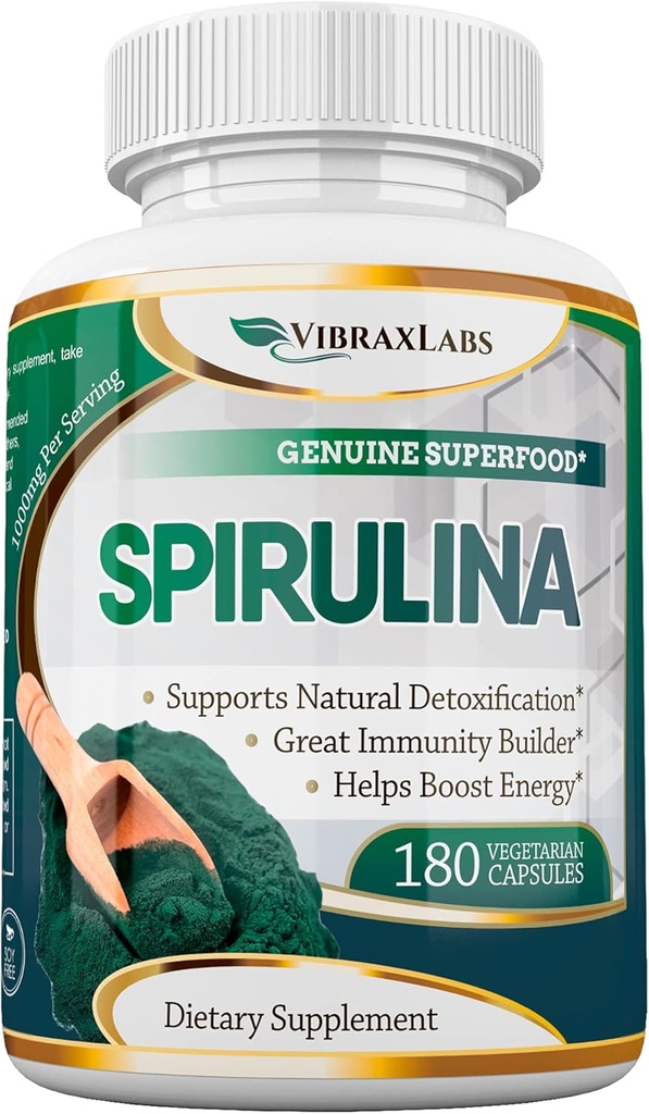 vibraxlabs Spirulina Capsules – 100% ren 1000mg Serving (500mg Veggie Capsules) pulver Supplement, støtter naturlig avgift, fordeler helse på et cellulært nivå, beste med Chlorella