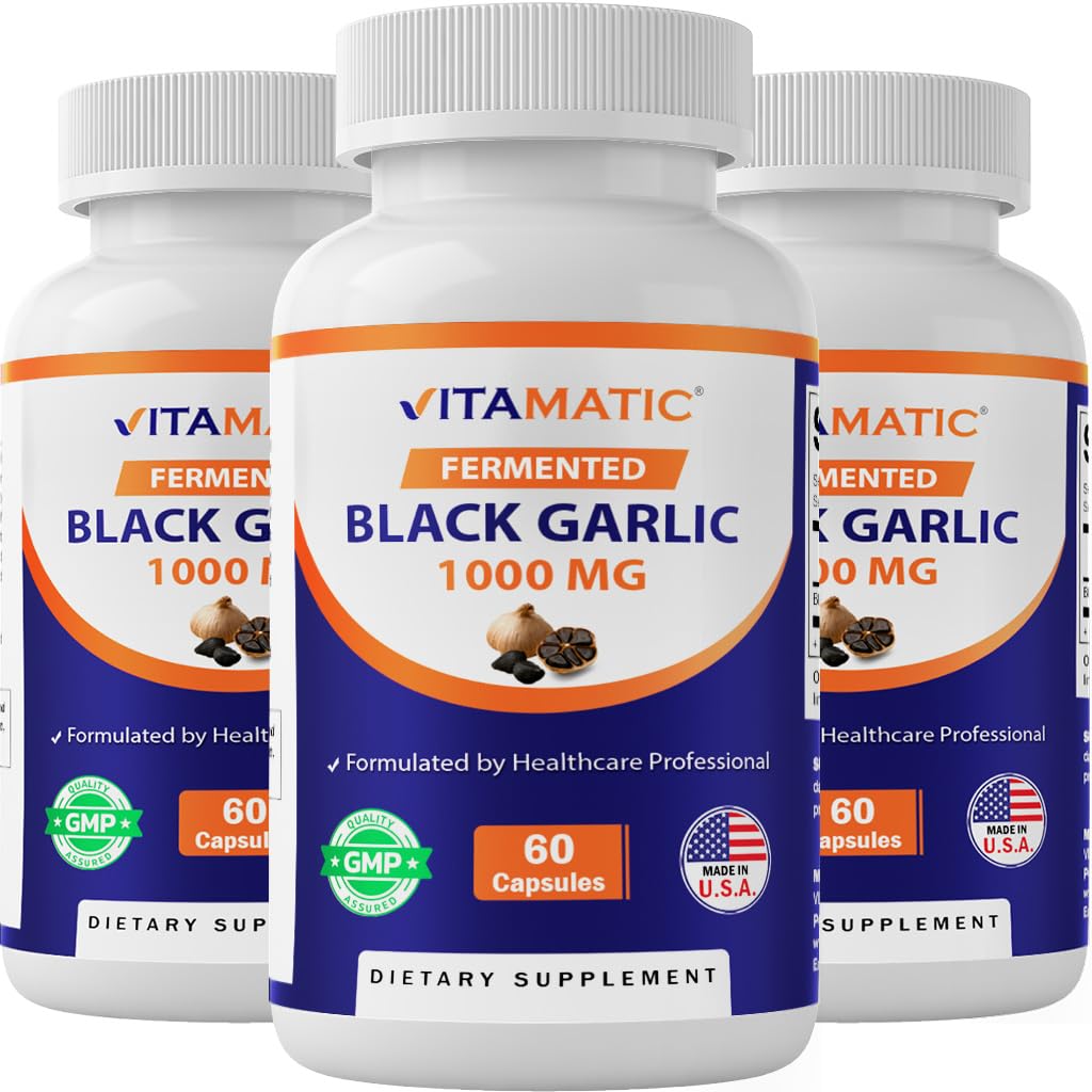Vitamatic 3 pakke Fermentert svart hvitløk Ekstrakt 1000 mg 60 kapsler - Ikke-GMO, Glutenfri - (Totalt 180 kapsler)