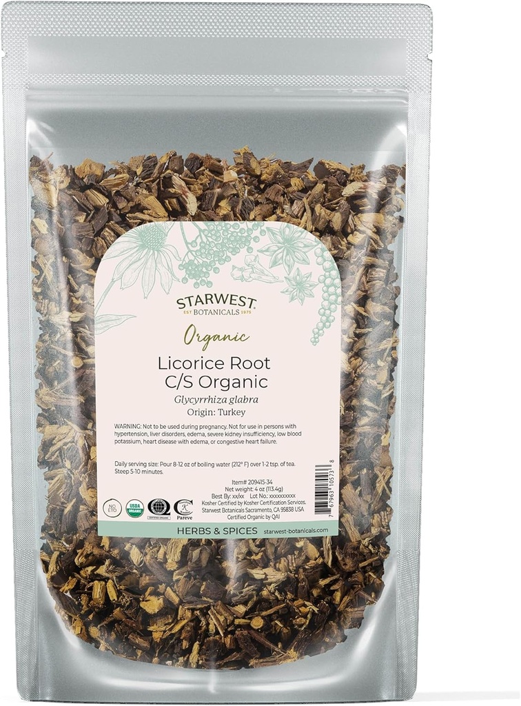 Starwest Botanicals Organic tørket lakrise rot - Urt for løs blad te blandinger, Candy, & bakte varer, kutt og sitert, sertifisert Kosher, ikke-GMO - 4 oz Pouch