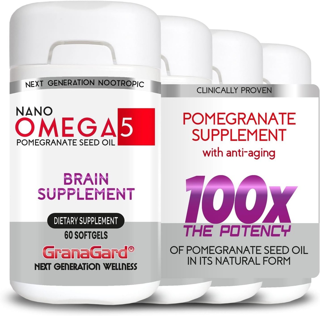 CLINICALly proven (4-måneders forsyning) Brain Kosttilskudd med anti-aldring, minnepiller, Omega 5 Pomegranat Supplement, 4 flasker 60ct hver