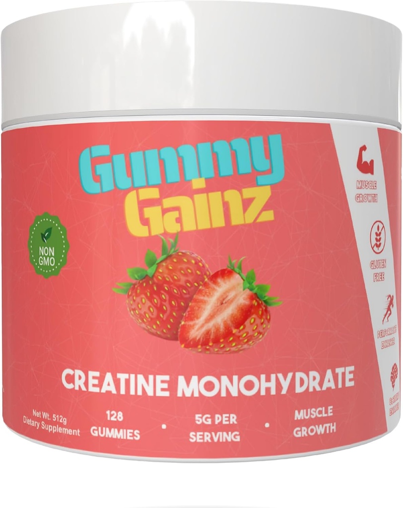 Kreatin Monohydrat Gummies Muskel styrke Builder Få raskere utvinning 5000mg for menn og kvinner Øke energi pre-arbeid Chewables Supplement 128ct (Regular, Jordbær)