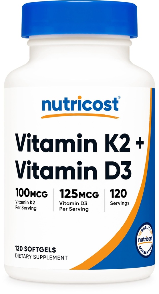 Nutricost vitamin D3 + K2 (5000 IE D3 / 100mcg MK7), 120 Softgels – Glutenfri og ikke-GMO