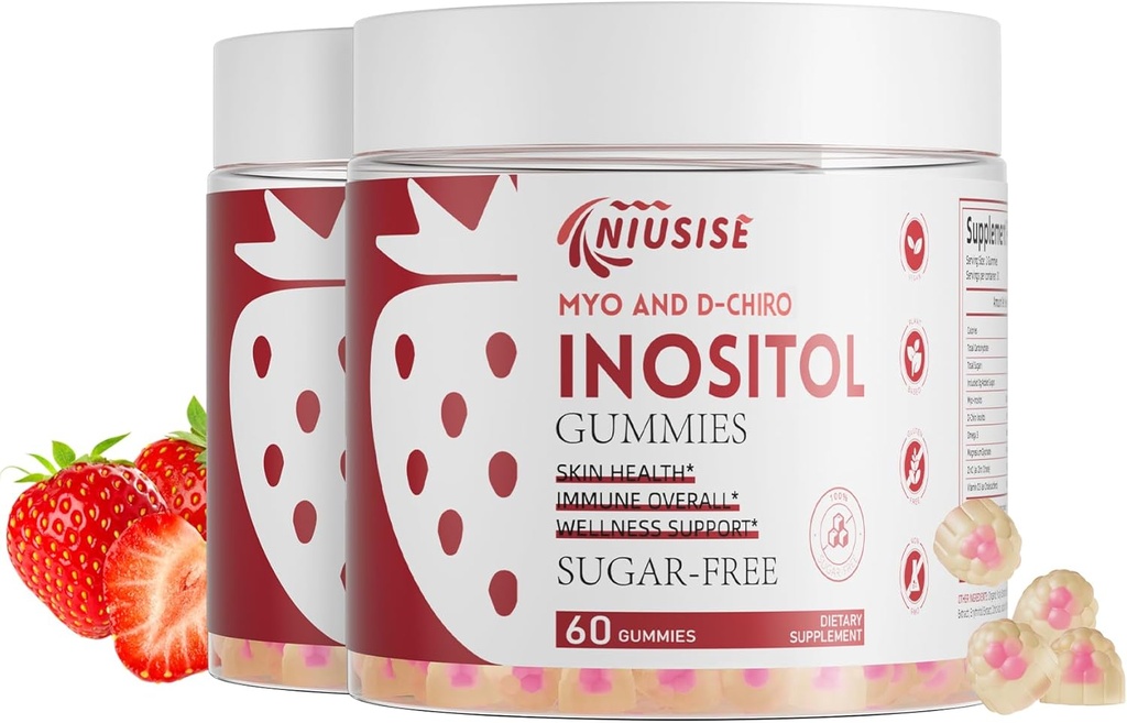 Inositol Gummies, Inositol Supplement med Myo-Inositol & D-Chiro Inositol + vitamin D3, Ideell 40:1 Forhold, med magnesiumglycinat 400 mg, støtter regelmessig syklus for kvinner, vegansk, 2 pakker