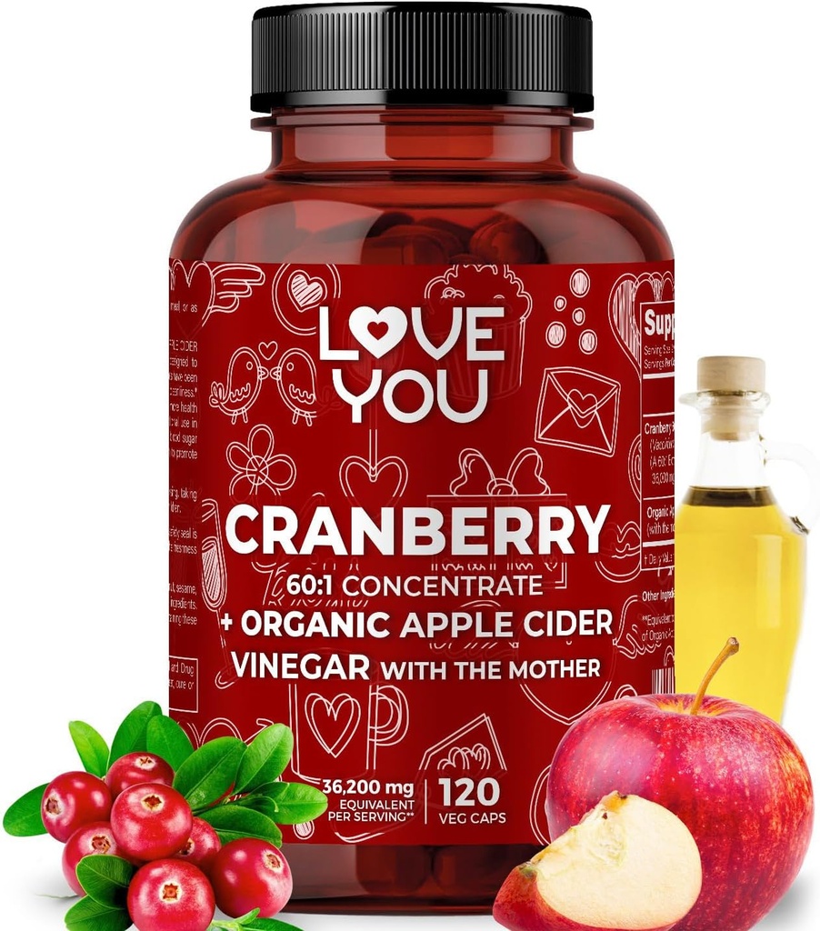 Kjærlighet Du Cranberry 60:1 Ekstrakt + organisk Apple Cider Vinegar - Maks styrke 36,200 mg Ekvivalent - 120 Vegankapsler - Urin Tract & Digestive Support
