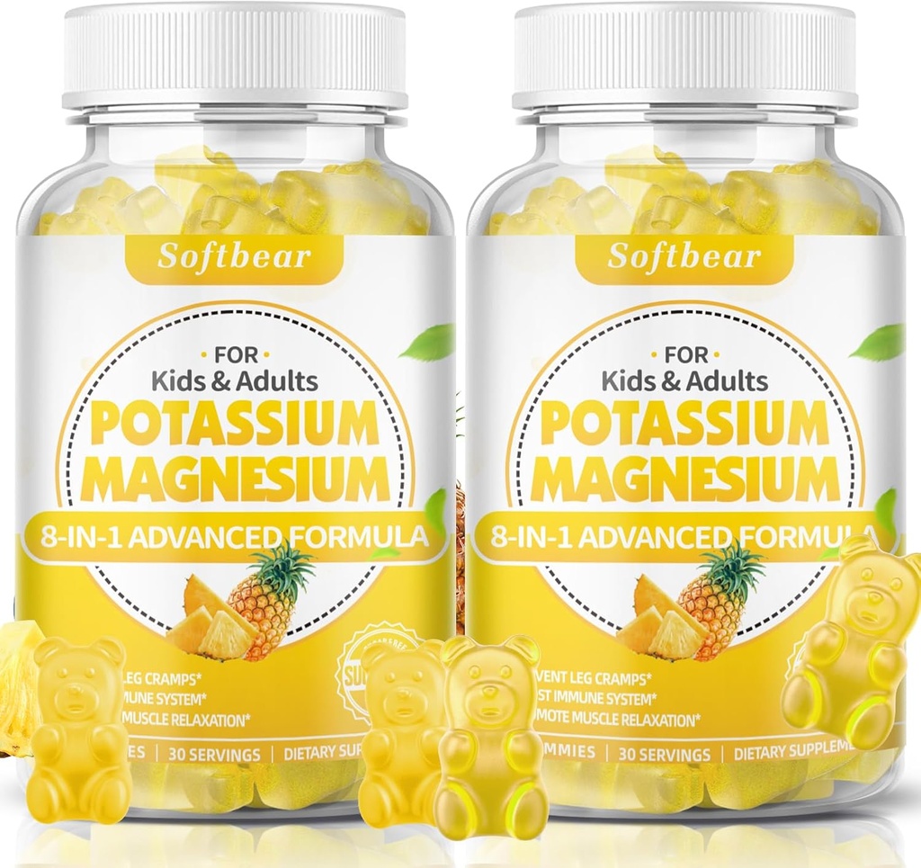 mykbear Kalium Gummier for voksne, sukkerfri kalium Magnesium Supplement med vitamin B6 CoQ10 for muskel camps Vegan Pineapple Flavor 120 Gummies