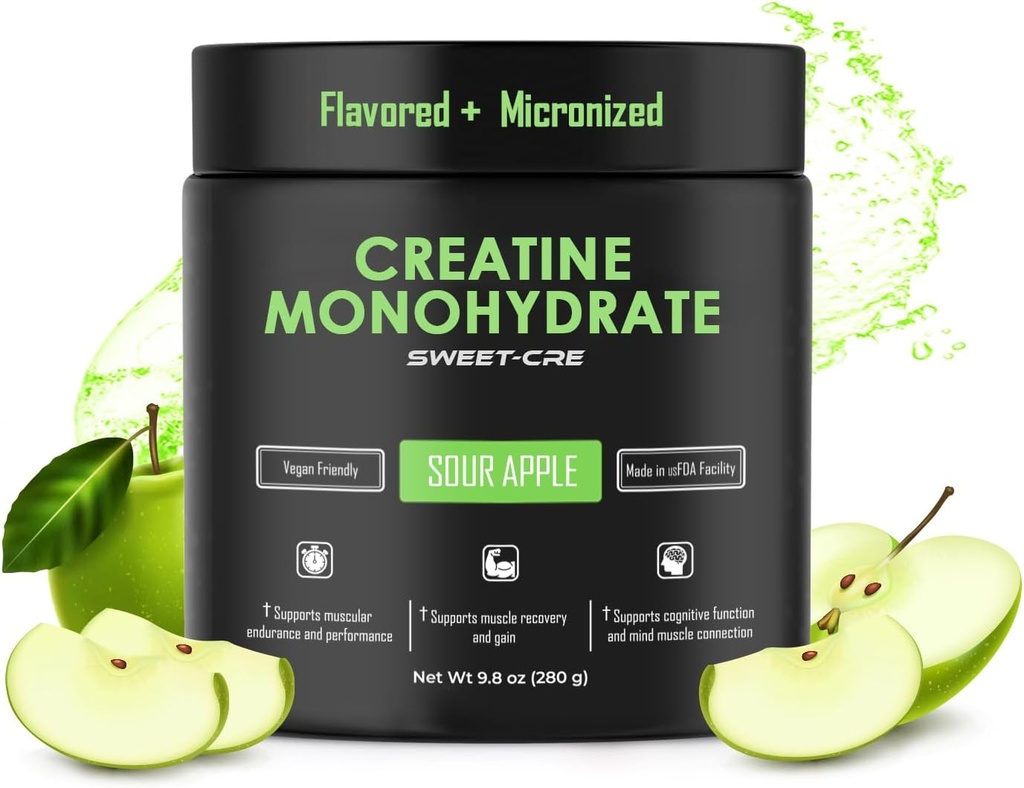 Kreatinmonohydrat – 5g kreatinmonohydratpulver – Avansert kreatin for kvinner og menn – bulktilskudd Kreatin – Delicious Fruit Punch Flavor – 10oz (40 Serveringer, Sour Apple)