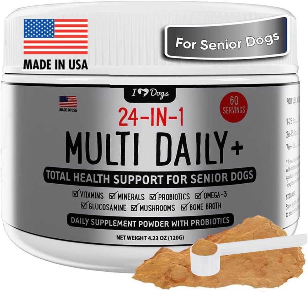 iHeartDogs 24-i-1 Senior Multivitamin Daily+ Total Helsestøtte pulver med probiotika, Omega-3, Glukosamin, Mushrooms & Bone Broth- 60 serveringer