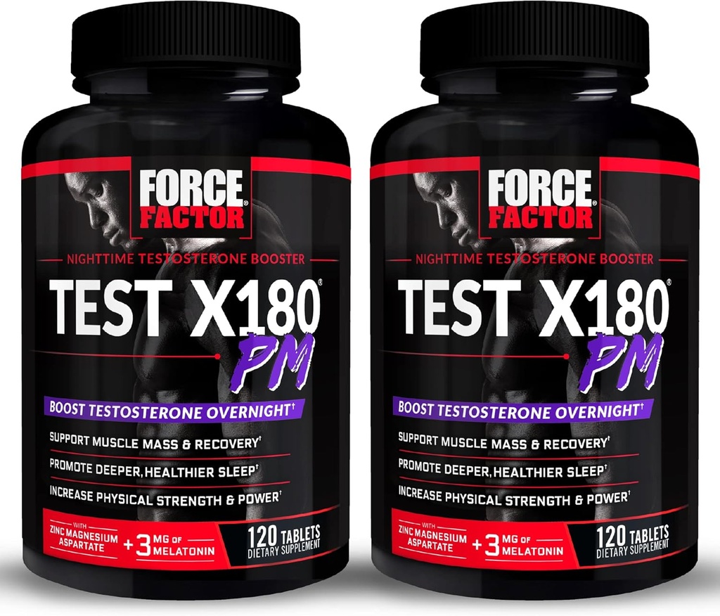 FORCE FACTOR Test X180 PM, 2-Pack, Testosteron Booster for menn, Overnattingstestosteron Supplement for å bygge muskler, øke styrke, og fremme dypere, sunnere søvn og gjenoppretting, 240 tabletter