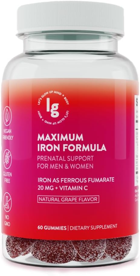 Iron Gummies – 20 mg høy absorpsjonsjern + vitamin C, B12 & Folat – Vegansk, ikke-GMO, Gluten‐ Gratis – Energi og anemi Support 60 Ct
