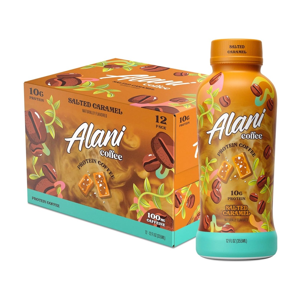 Alani Nu Protein Kaffesaltet Caramel | Klar til å drikke kaldt brød med 10 g protein | 100 mg koffein | 90 kalorier, naturlig flavorert | 12 fl Oz flasker | 12 pakke