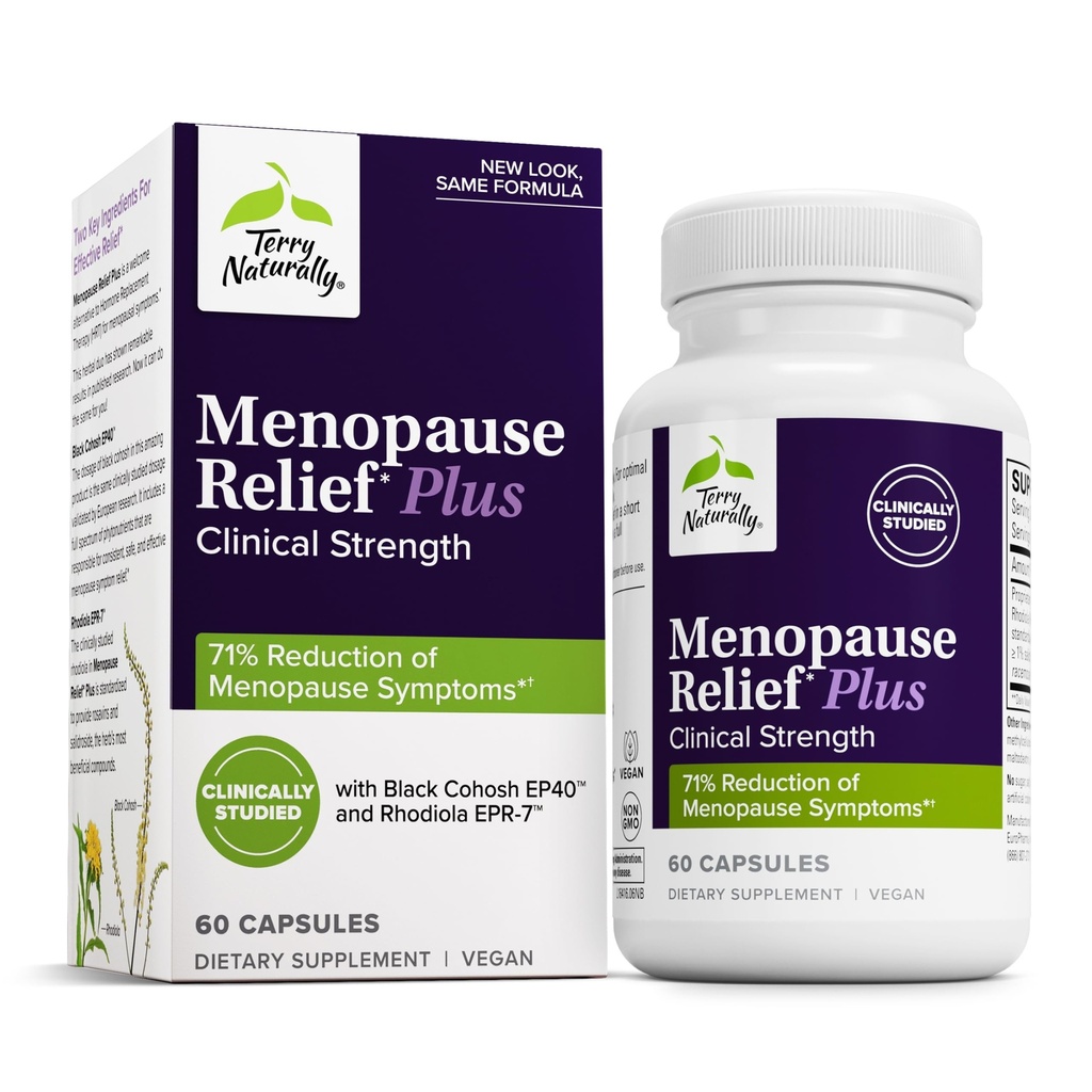 Terry naturlig Menopause Relief Plus - Menopause Symptom Supplement - Supplement til å hjelpe mot anledninger trøtthet og natt sviter - Supplement med Rhodiola & Black Cohosh - 60 kapsler
