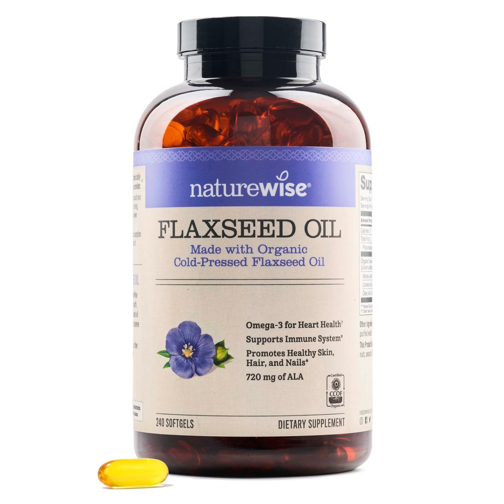 NatureWise Flaksfrø Olje 1.242 mg, Fisk Free Omega 3 6 9 med 720mg ALA, Diett Supplement for hjertehelse støtte - organisk, kaldt presset, ikke-GMO - 240 Softgels[8-month Supply]
