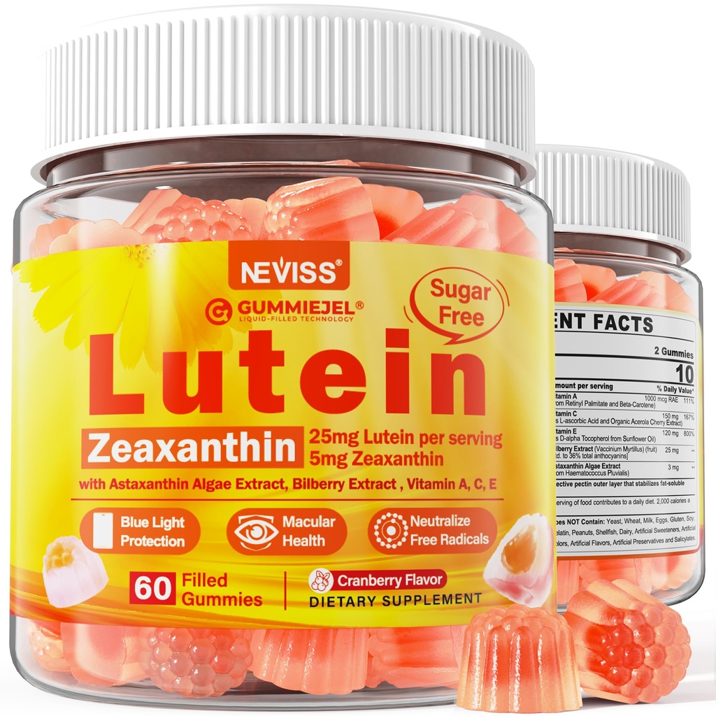 Sukkerfri Lutein Zeaxanthin kosttilskudd Gummies (25mg) Vitaminer A, C, E, Bilbær, Astaxanthin - Kokosolje for bedre absorpsjon - Voksne og tenåringer Visjon Helse, Øyestreng, Tørre øyne - Vegan, 60Cts