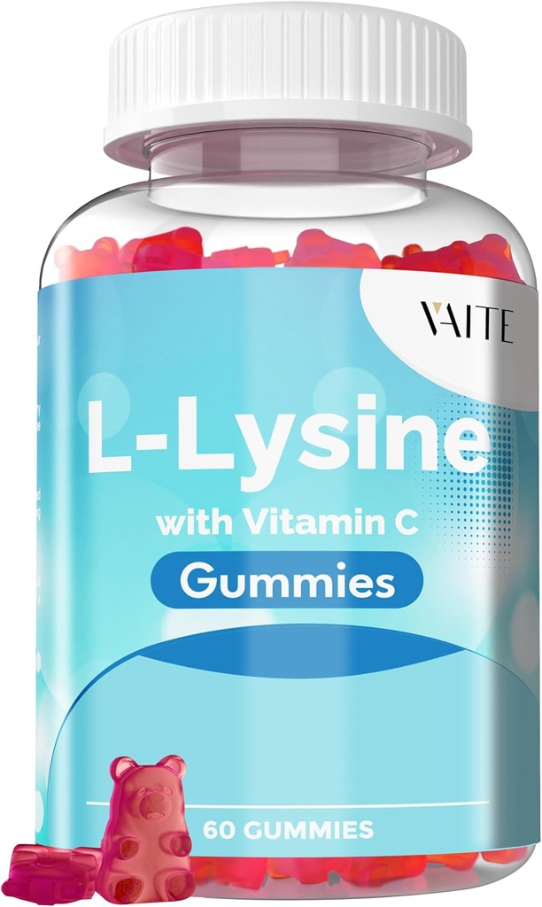 VAITE L-Lysine 800mg Gummier med vitamin C - Hud, leppe og kalde sure * Støtte for kvinner - Lysine for voksne, støtter utspurt helse og immunsystem, Aminosyre og komplekse kosttilskudd, 60 Vegan Chewable