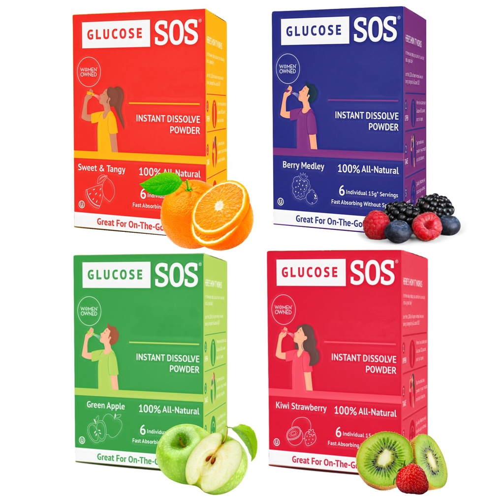 Glucose SOS glucose pakker med naturlig dextrose, hurtigabsorpsjon som umiddelbart løser i munnen uten vann nødvendig, 4 Flavor Variety 24 serveringer