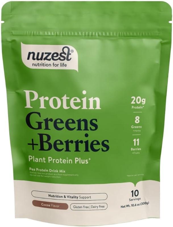 Nusest – Protein Grønn + Berries – Superfood pulver – Planteproteinblanding - 300g / 10,6 oz Pouch (10 Serveringer) (Cocoa, 300g)